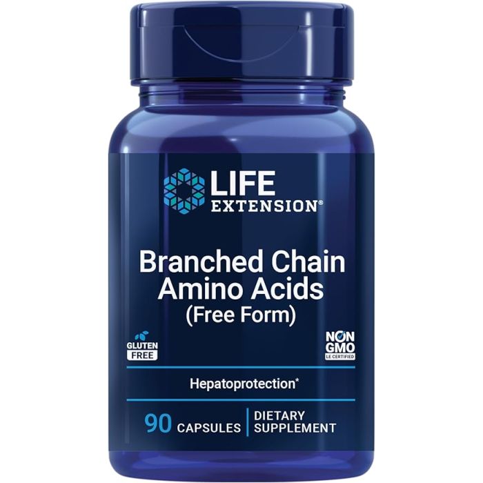 Muscle recovery amino acid capsules bottle on white background
